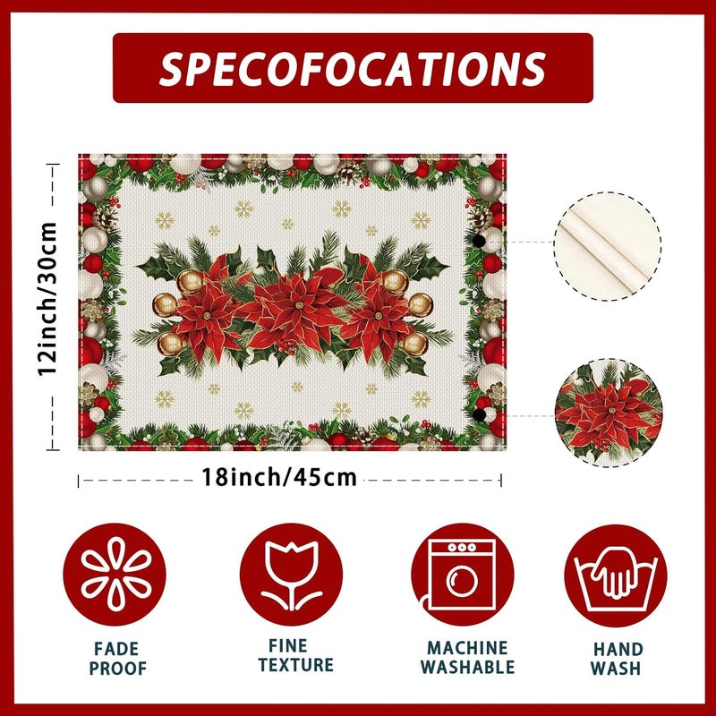 XCHI Christmas Poinsettias Leaves Bells Snowflakes Winter Xmas Placemats Set of 4 Table Mats for Party Home Kitchen Dining Table Decorations 12x18 Inch - Image 5